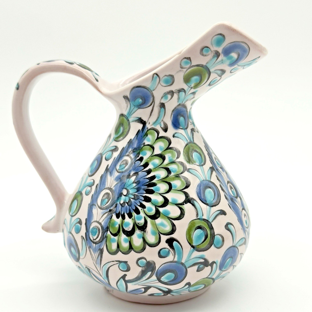 Vintage Ikaros Pottery Hand Painted Pitcher Rhodes Greece White Blue Green - Picture 3 of 10